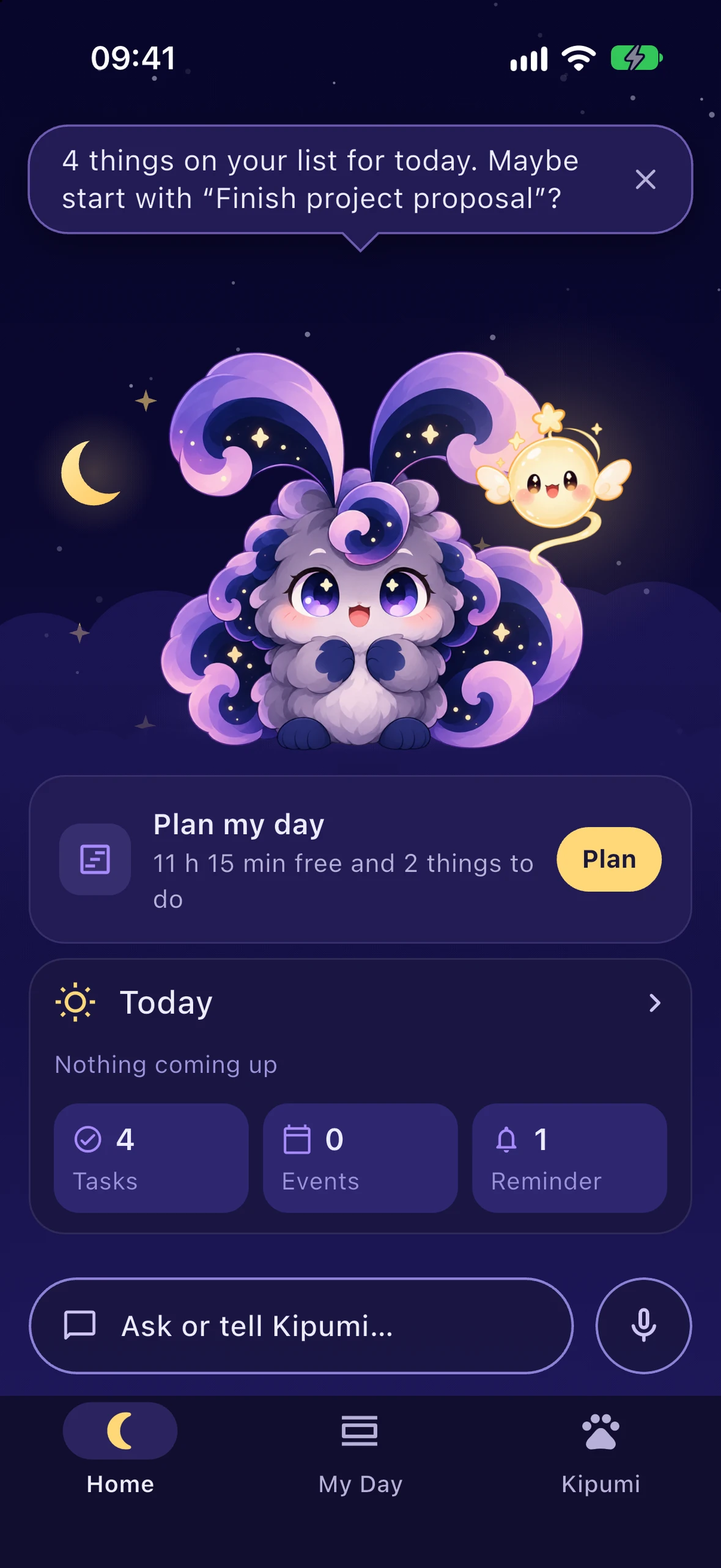 Kipumi's Home screen with the morning briefing