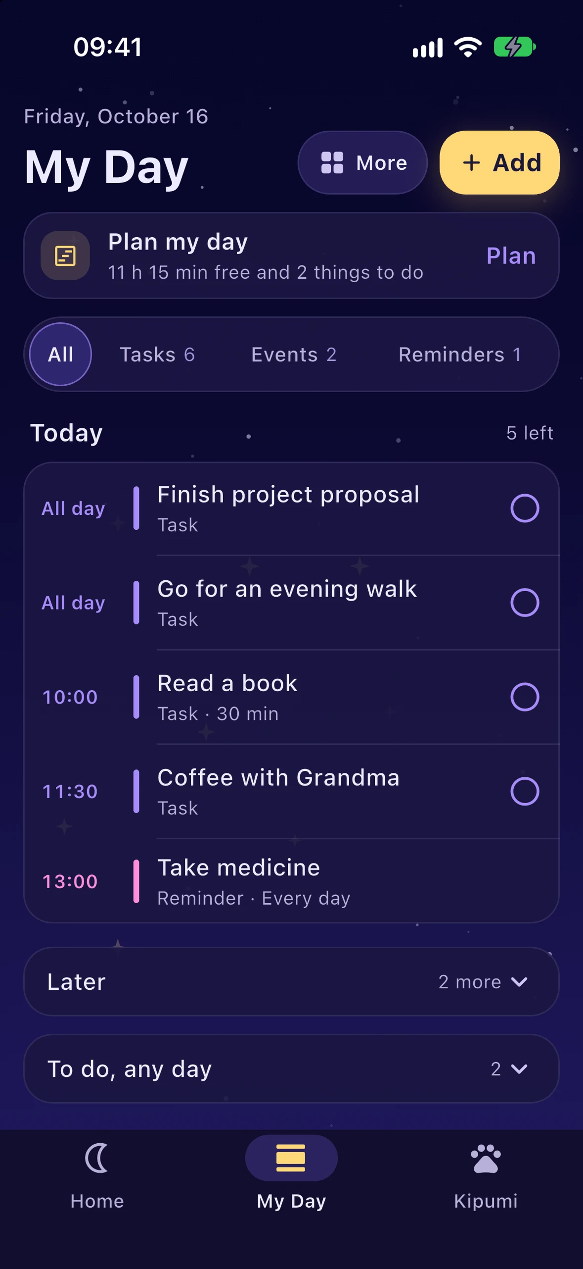 The real My Day screen in Kipumi